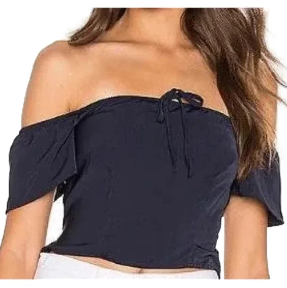 Revolve Superdown Navy Blue off the shoulder fitted crop top shirt Womens - Picture 1 of 6